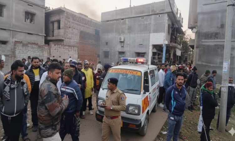 हजारीबाग धमाके के बाद हबीबीनगर में राहत कार्य और मौके पर मौजूद एम्बुलेंस व पुलिस बल की भीड़।