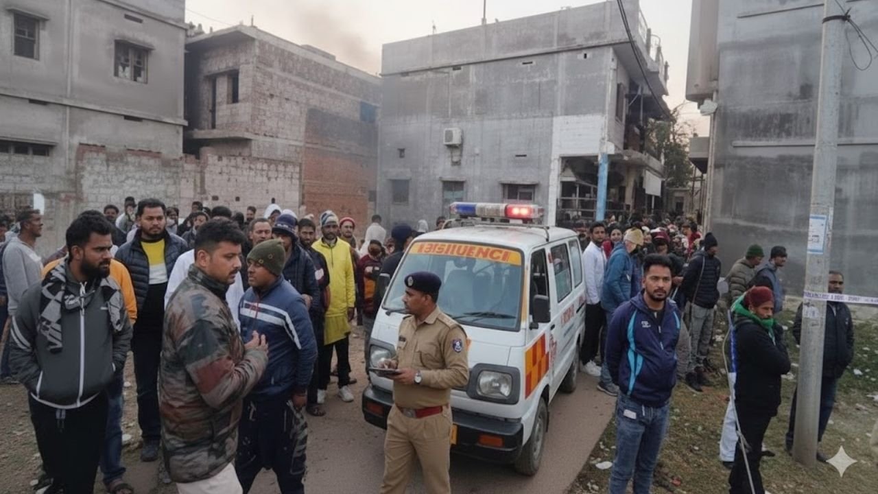 हजारीबाग धमाके के बाद हबीबीनगर में राहत कार्य और मौके पर मौजूद एम्बुलेंस व पुलिस बल की भीड़।