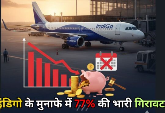 IndiGo Airlines profit drop graph with an aircraft on the tarmac and financial loss icons, 77 percent profit decline news 2026.
