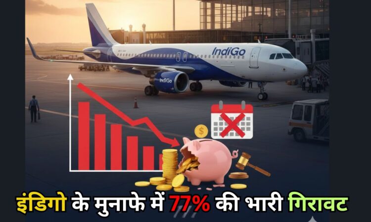 IndiGo Airlines profit drop graph with an aircraft on the tarmac and financial loss icons, 77 percent profit decline news 2026.