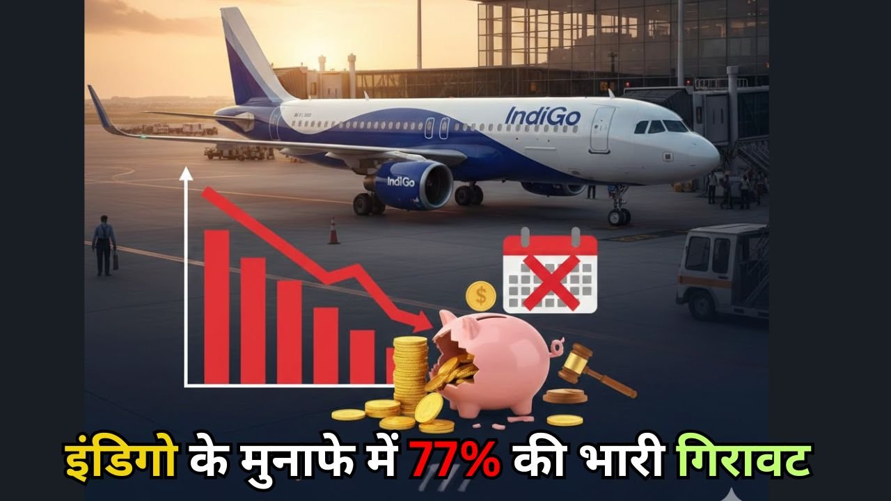 IndiGo Airlines profit drop graph with an aircraft on the tarmac and financial loss icons, 77 percent profit decline news 2026.