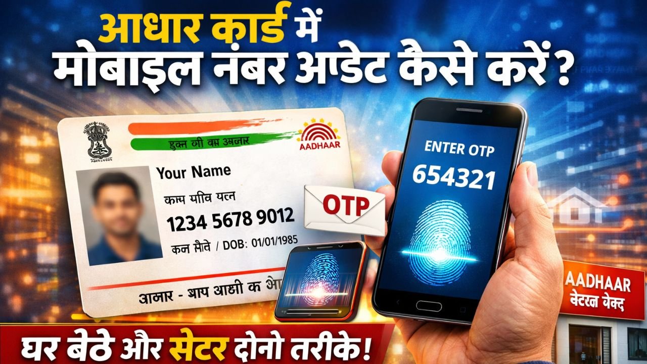 Aadhaar card mobile number update process at Aadhaar Seva Kendra with biometric verification and OTP on mobile phone
