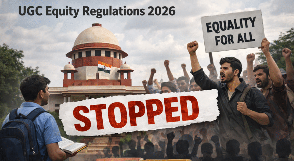 प्रीम कोर्ट भवन के सामने छात्रों का प्रदर्शन, बीच में “STOPPED” लिखा बैनर और “Equality for All” तख्ती—UGC Equity Regulations 2026 पर रोक का प्रतीक।