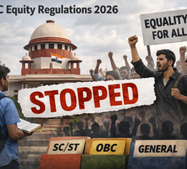 प्रीम कोर्ट भवन के सामने छात्रों का प्रदर्शन, बीच में “STOPPED” लिखा बैनर और “Equality for All” तख्ती—UGC Equity Regulations 2026 पर रोक का प्रतीक।