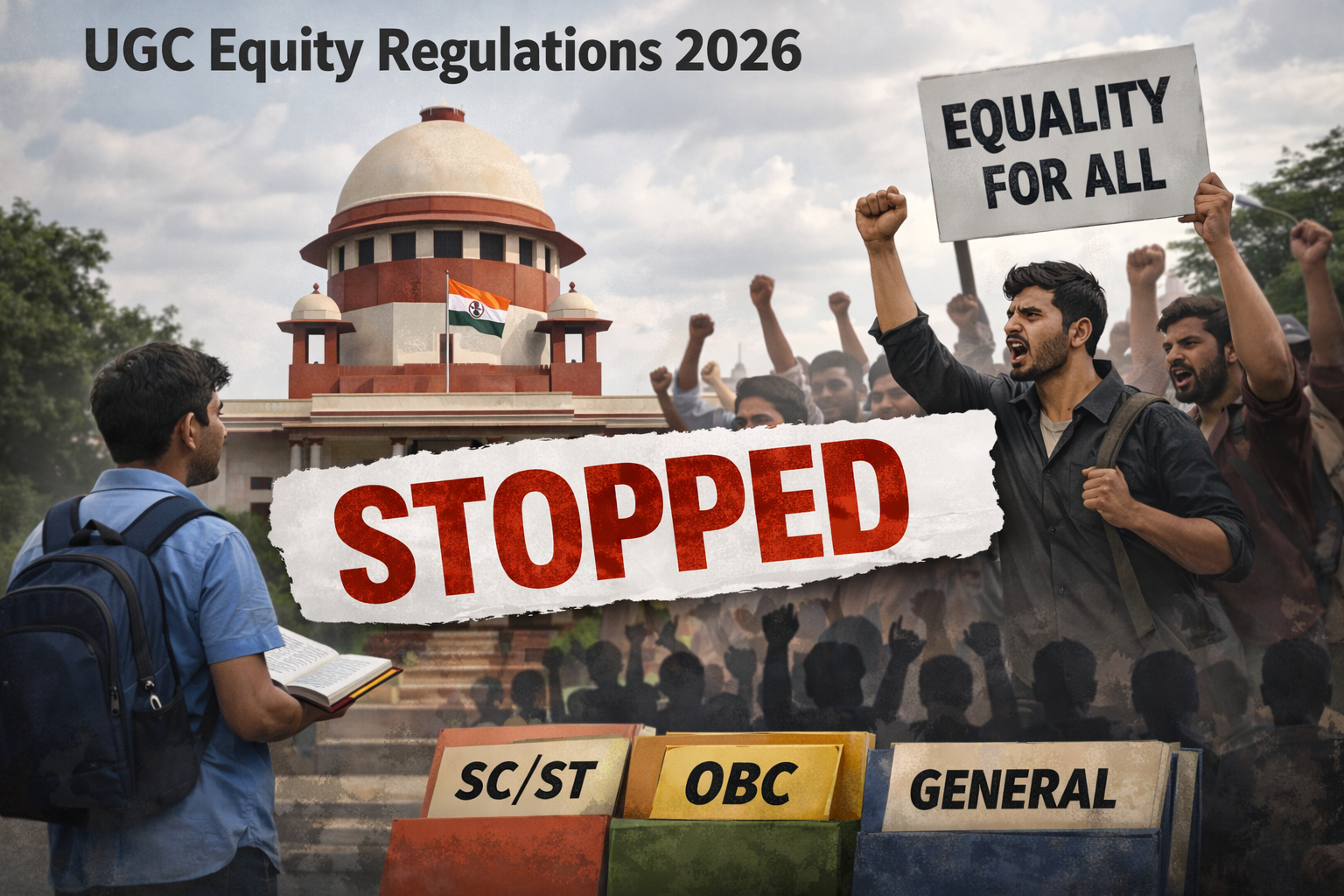 प्रीम कोर्ट भवन के सामने छात्रों का प्रदर्शन, बीच में “STOPPED” लिखा बैनर और “Equality for All” तख्ती—UGC Equity Regulations 2026 पर रोक का प्रतीक।
