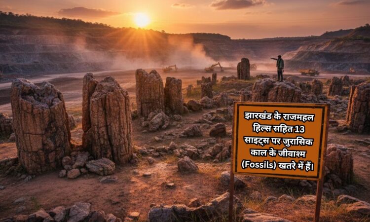 झारखंड के राजमहल हिल्स में जुरासिक काल के जीवाश्म और खनन गतिविधि का दृश्य।