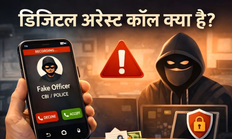 डिजिटल अरेस्ट कॉल से जुड़े साइबर फ्रॉड की चेतावनी दर्शाता चित्र, जिसमें मोबाइल फोन,警 चेतावनी आइकन और ऑनलाइन ठगी से बचाव का संदेश दिखाया गया है।