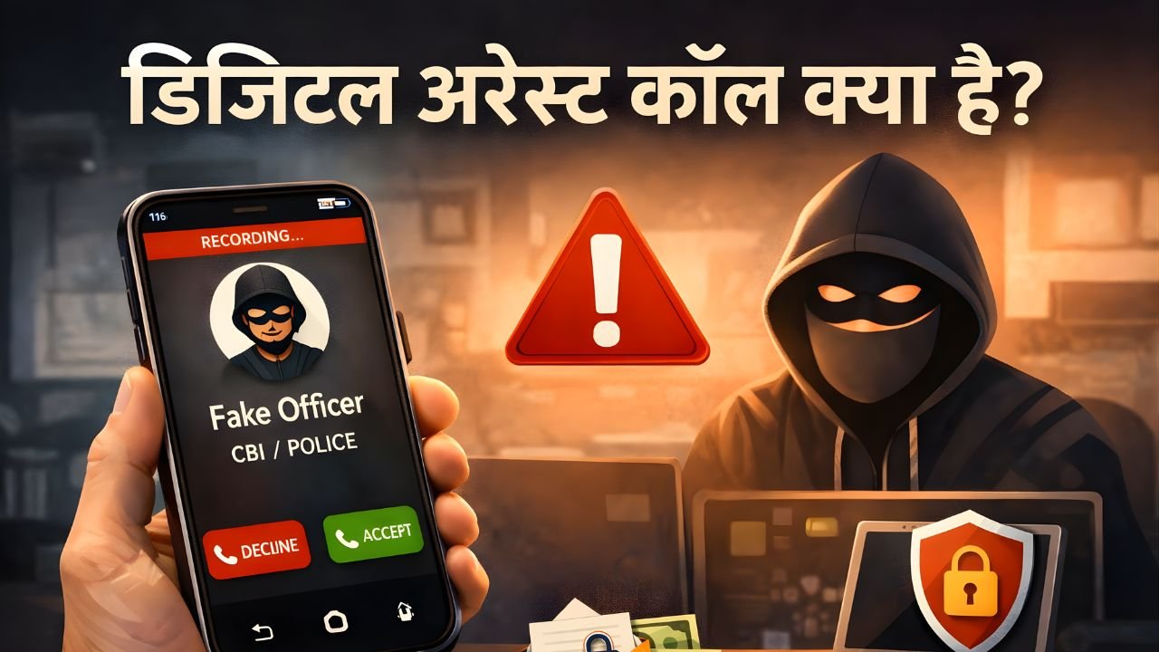 डिजिटल अरेस्ट कॉल से जुड़े साइबर फ्रॉड की चेतावनी दर्शाता चित्र, जिसमें मोबाइल फोन,警 चेतावनी आइकन और ऑनलाइन ठगी से बचाव का संदेश दिखाया गया है।