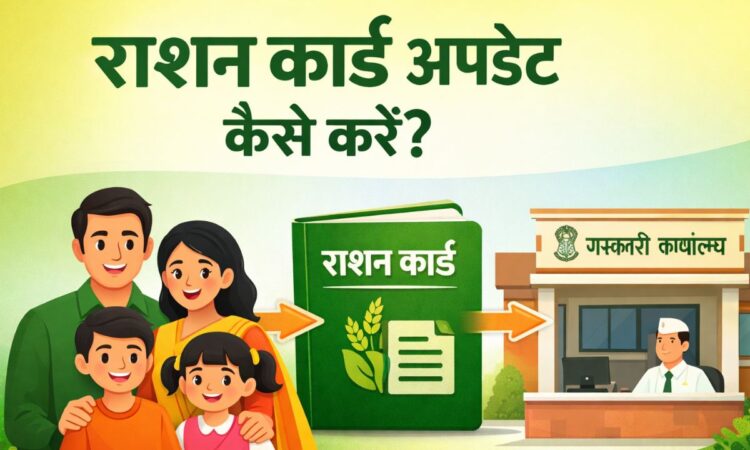 परिवार के साथ राशन कार्ड और सरकारी कार्यालय का चित्र, जिसमें “राशन कार्ड अपडेट कैसे करें?” लिखा है और नाम जोड़ने या हटाने की प्रक्रिया दिखाई गई है।