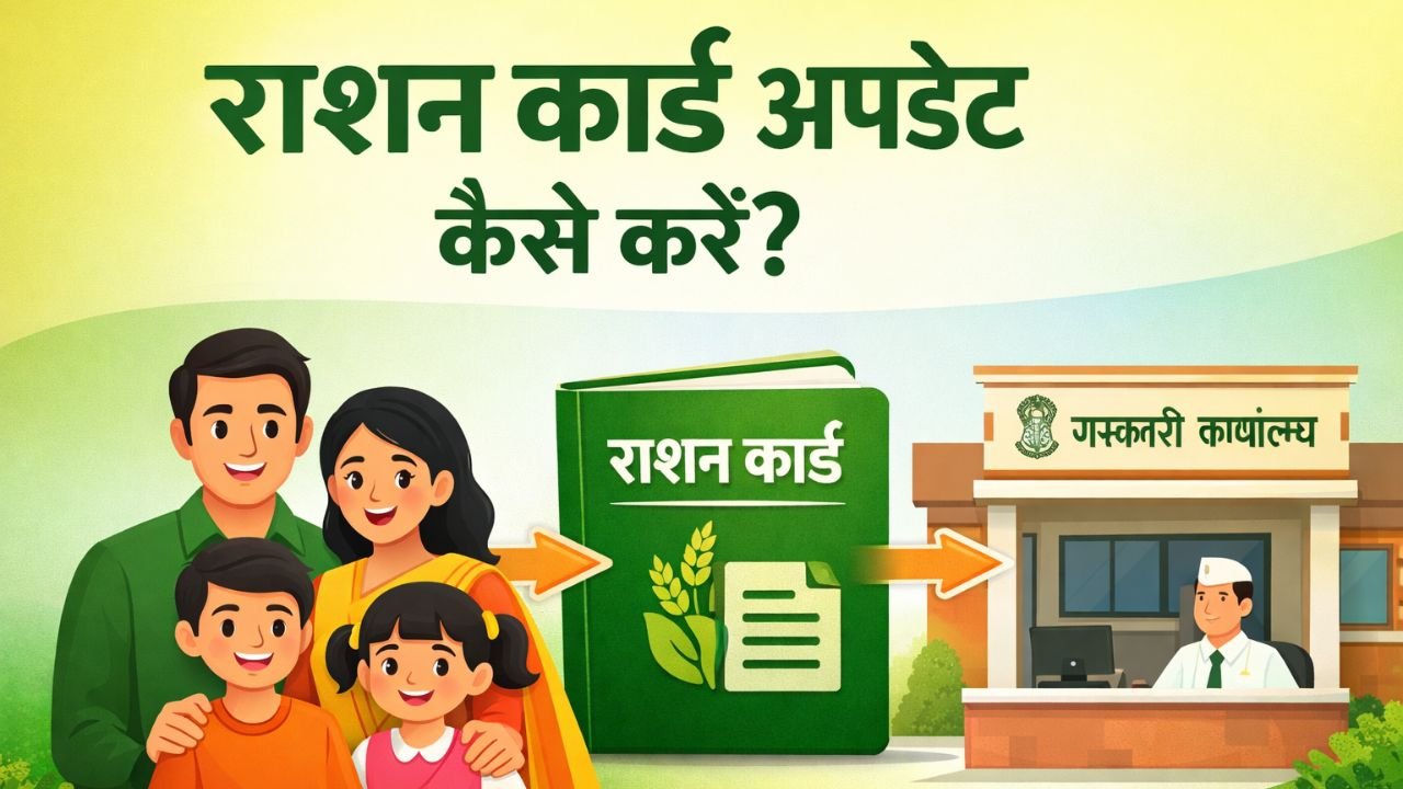 परिवार के साथ राशन कार्ड और सरकारी कार्यालय का चित्र, जिसमें “राशन कार्ड अपडेट कैसे करें?” लिखा है और नाम जोड़ने या हटाने की प्रक्रिया दिखाई गई है।