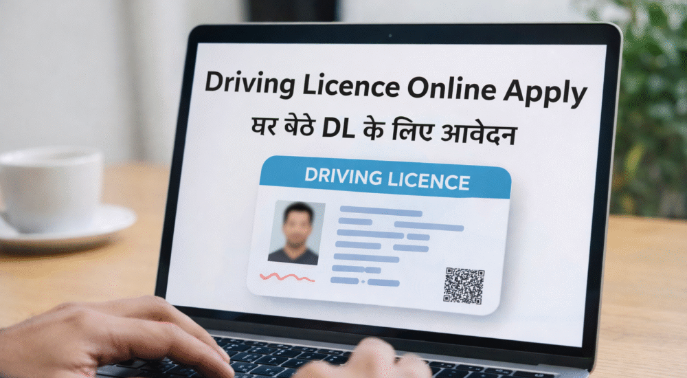 Laptop par driving licence online apply karte hue vyakti ka realistic image, screen par driving licence application process dikh raha hai.
