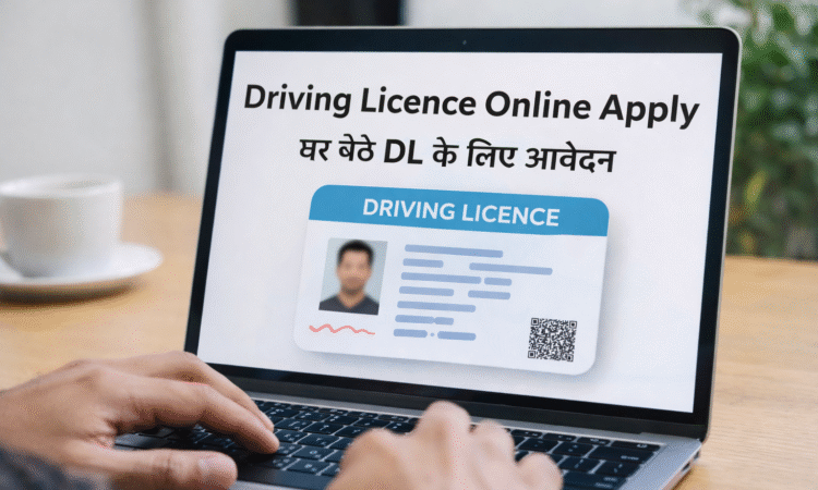 Laptop par driving licence online apply karte hue vyakti ka realistic image, screen par driving licence application process dikh raha hai.