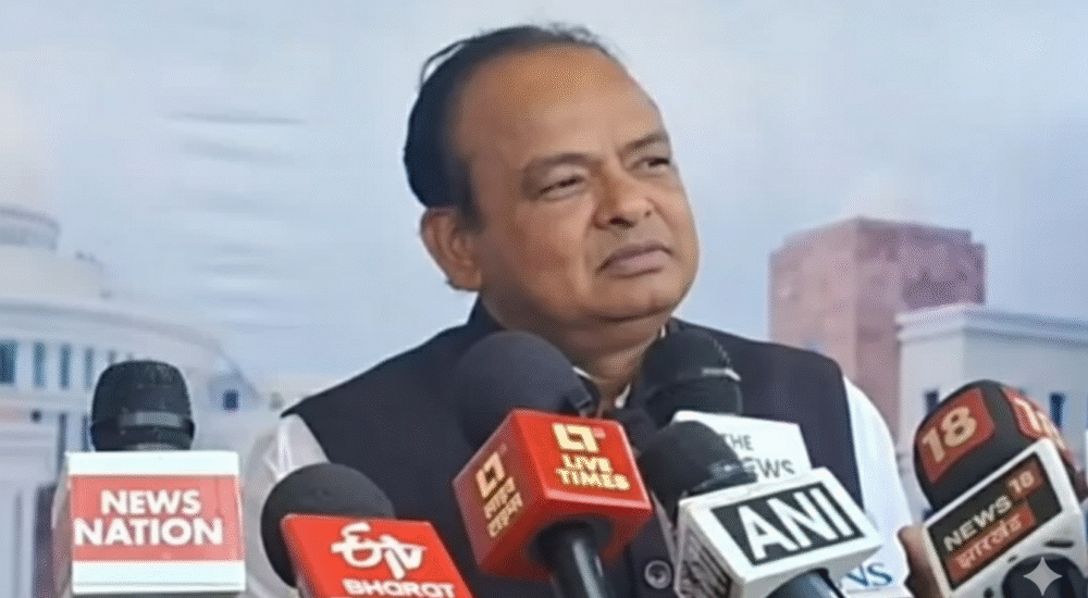 रांची में मीडिया को संबोधित करते हुए झारखंड के स्वास्थ्य मंत्री डॉ. इरफान अंसारी, हाथ में माइक और आक्रामक मुद्रा।