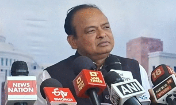 रांची में मीडिया को संबोधित करते हुए झारखंड के स्वास्थ्य मंत्री डॉ. इरफान अंसारी, हाथ में माइक और आक्रामक मुद्रा।