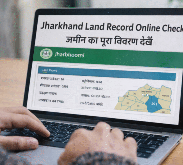 लैपटॉप स्क्रीन पर झारखंड लैंड रिकॉर्ड ऑनलाइन चेक करते हुए व्यक्ति, जमीनी जानकारी और रिकॉर्ड देखते हुए।