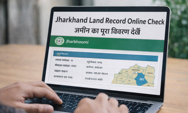 लैपटॉप स्क्रीन पर झारखंड लैंड रिकॉर्ड ऑनलाइन चेक करते हुए व्यक्ति, जमीनी जानकारी और रिकॉर्ड देखते हुए।