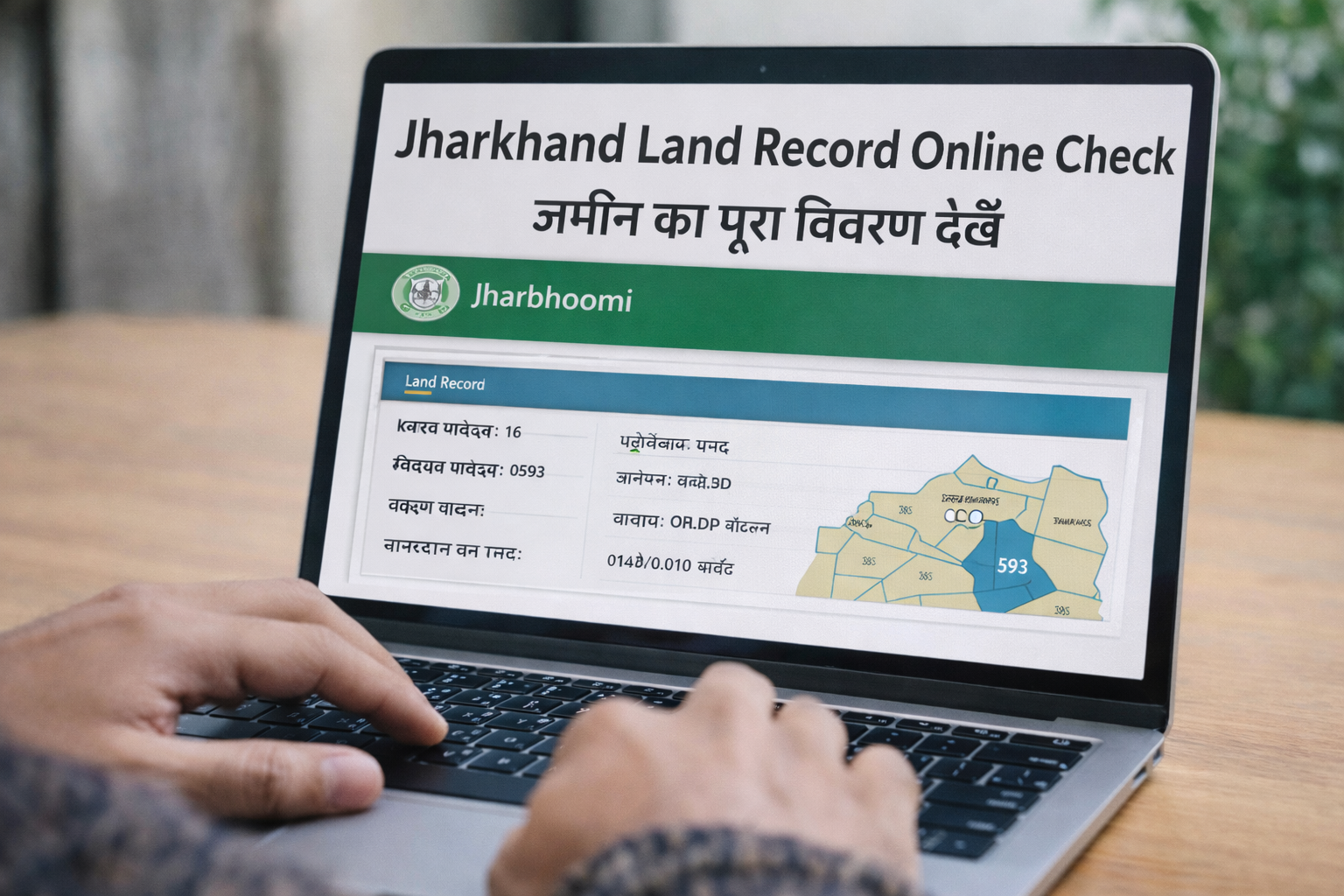 लैपटॉप स्क्रीन पर झारखंड लैंड रिकॉर्ड ऑनलाइन चेक करते हुए व्यक्ति, जमीनी जानकारी और रिकॉर्ड देखते हुए।