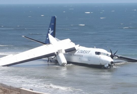 सोमालिया के मोगादिशू एयरपोर्ट पर रनवे से फिसलकर समुद्र किनारे गिरा विमान।