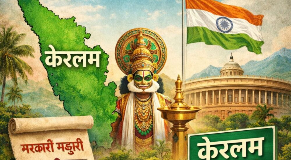 केरल राज्य का नक्शा, कथकली कलाकार, बैकवाटर हाउसबोट और संसद भवन के साथ ‘केरल’ से ‘केरलम’ नाम परिवर्तन दर्शाता न्यूज पोस्टर।