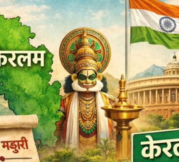 केरल राज्य का नक्शा, कथकली कलाकार, बैकवाटर हाउसबोट और संसद भवन के साथ ‘केरल’ से ‘केरलम’ नाम परिवर्तन दर्शाता न्यूज पोस्टर।