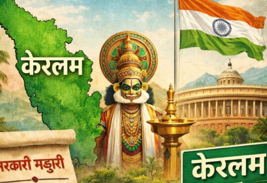 केरल राज्य का नक्शा, कथकली कलाकार, बैकवाटर हाउसबोट और संसद भवन के साथ ‘केरल’ से ‘केरलम’ नाम परिवर्तन दर्शाता न्यूज पोस्टर।