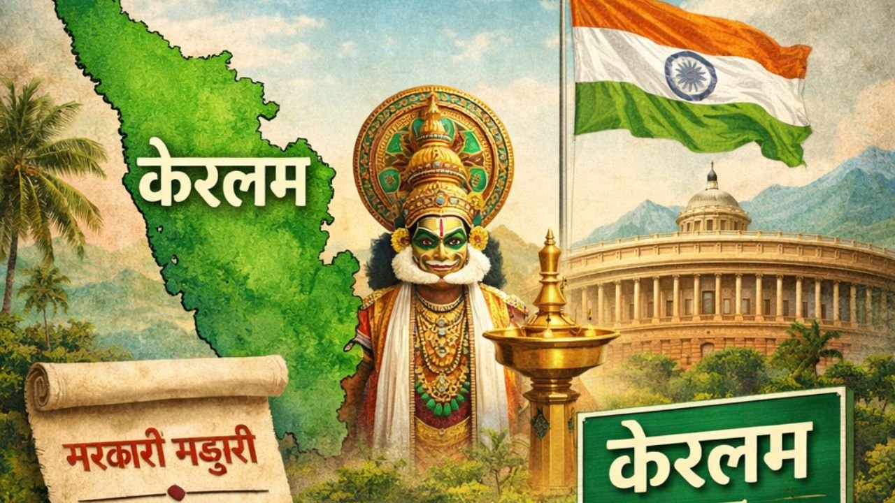 केरल राज्य का नक्शा, कथकली कलाकार, बैकवाटर हाउसबोट और संसद भवन के साथ ‘केरल’ से ‘केरलम’ नाम परिवर्तन दर्शाता न्यूज पोस्टर।
