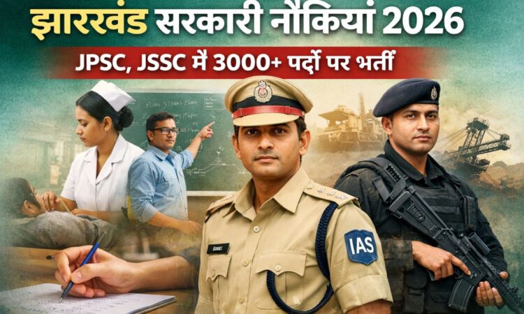 झारखंड सरकारी नौकरियां 2026 बैनर जिसमें JPSC और JSSC भर्ती 3000+ पदों की जानकारी, पुलिस, ANM और लेक्चरर की प्रतीकात्मक तस्वीरें