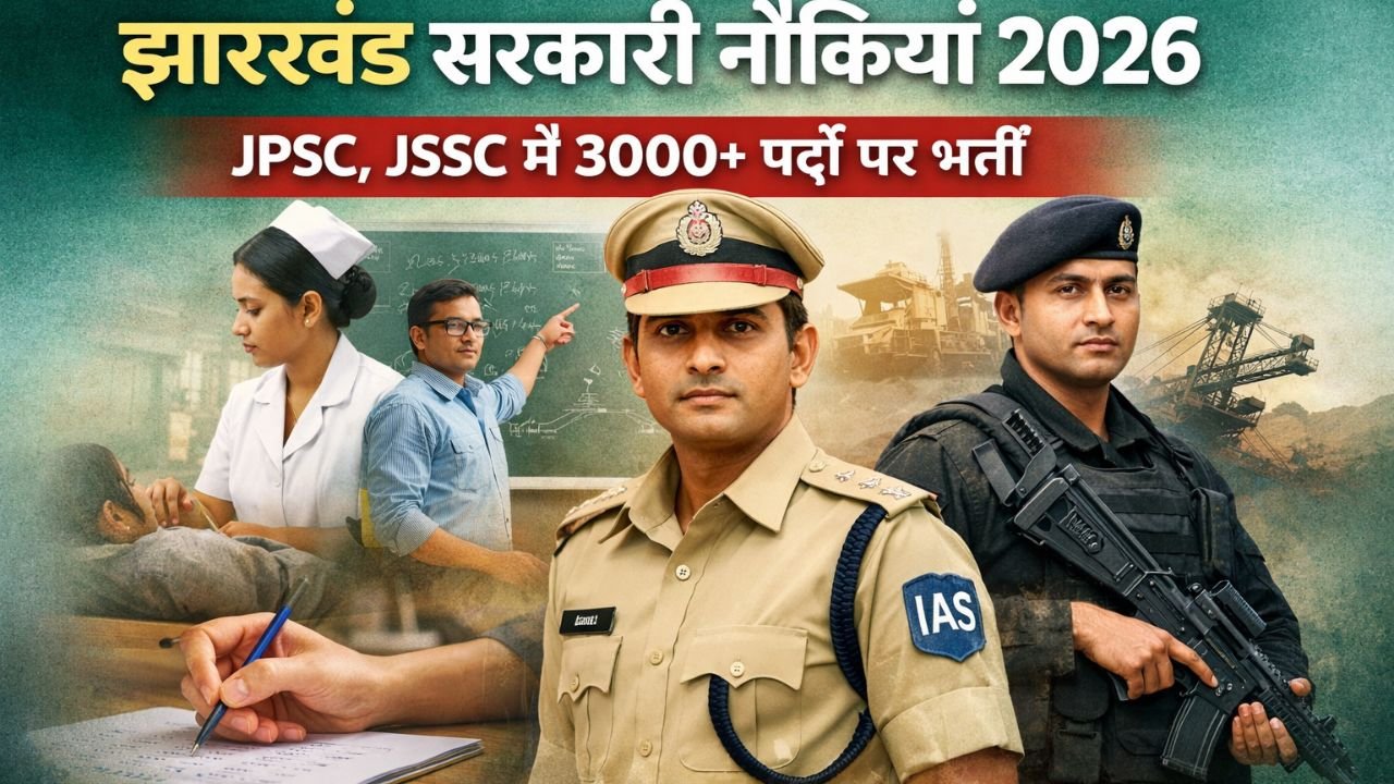 झारखंड सरकारी नौकरियां 2026 बैनर जिसमें JPSC और JSSC भर्ती 3000+ पदों की जानकारी, पुलिस, ANM और लेक्चरर की प्रतीकात्मक तस्वीरें
