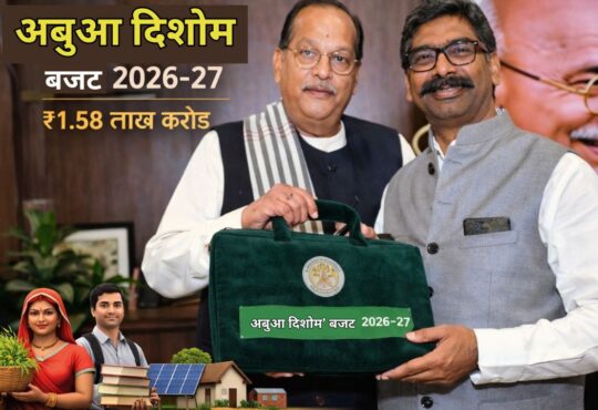 अबुआ दिशोम’ बजट 2026-27 के ब्रीफकेस के साथ झारखंड के नेता।