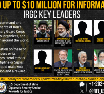 अमेरिकी विदेश विभाग के पोस्टर में Mojtaba Khamenei और Ali Larijani समेत ईरानी नेताओं की जानकारी देने पर 10 मिलियन डॉलर इनाम की घोषणा।