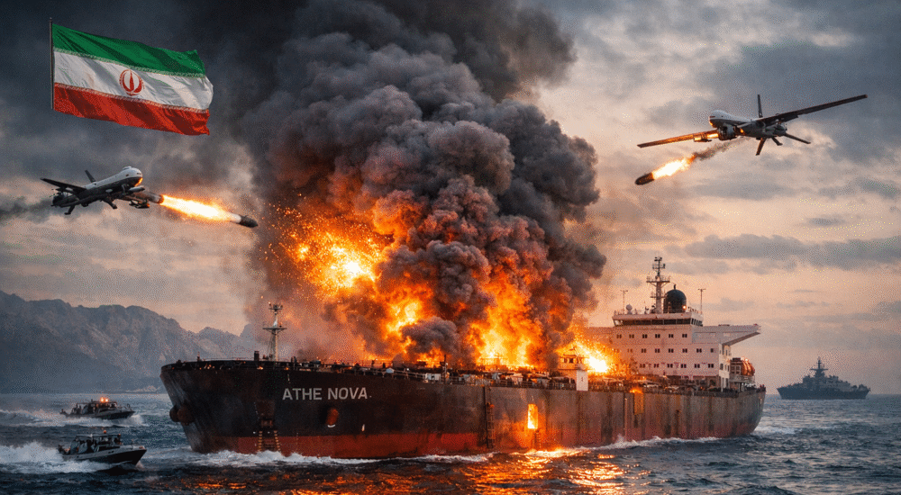 होर्मुज़ जलडमरूमध्य में ड्रोन हमले के बाद आग की लपटों में घिरा ATHE NOVA तेल टैंकर
