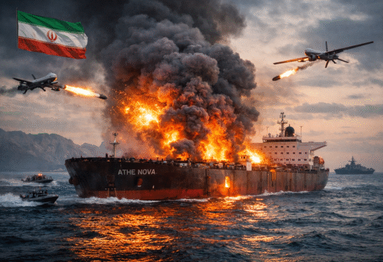 होर्मुज़ जलडमरूमध्य में ड्रोन हमले के बाद आग की लपटों में घिरा ATHE NOVA तेल टैंकर