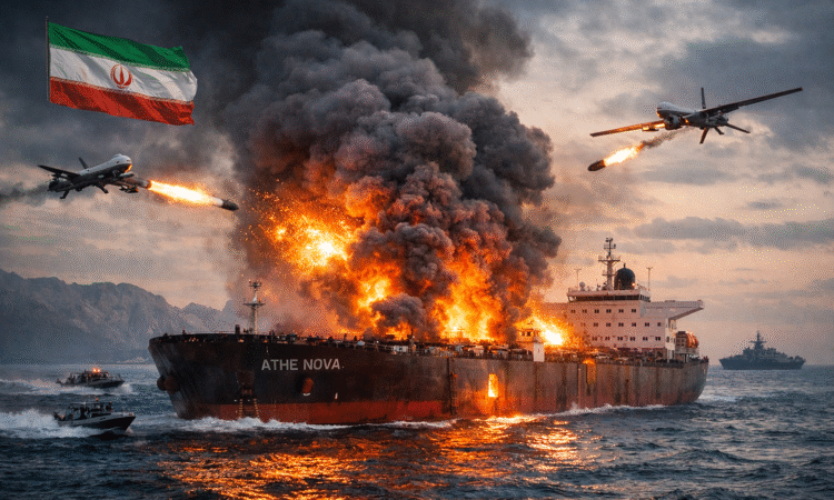 होर्मुज़ जलडमरूमध्य में ड्रोन हमले के बाद आग की लपटों में घिरा ATHE NOVA तेल टैंकर