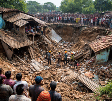 झारखंड के धनबाद के कतरास क्षेत्र में भू-धंसान के बाद ध्वस्त हुए घर, मौके पर मौजूद स्थानीय लोग और चल रहा राहत-बचाव कार्य