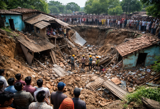 झारखंड के धनबाद के कतरास क्षेत्र में भू-धंसान के बाद ध्वस्त हुए घर, मौके पर मौजूद स्थानीय लोग और चल रहा राहत-बचाव कार्य