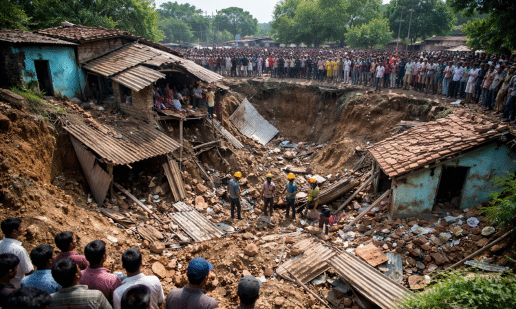 झारखंड के धनबाद के कतरास क्षेत्र में भू-धंसान के बाद ध्वस्त हुए घर, मौके पर मौजूद स्थानीय लोग और चल रहा राहत-बचाव कार्य