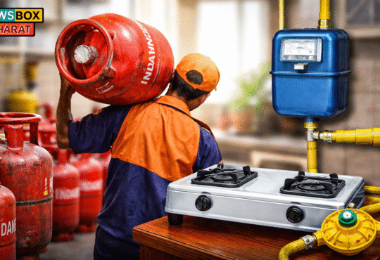 एलपीजी सिलेंडर लेकर जाता डिलीवरी कर्मी और घर में लगा पाइप्ड नेचुरल गैस (PNG) मीटर व गैस चूल्हा।