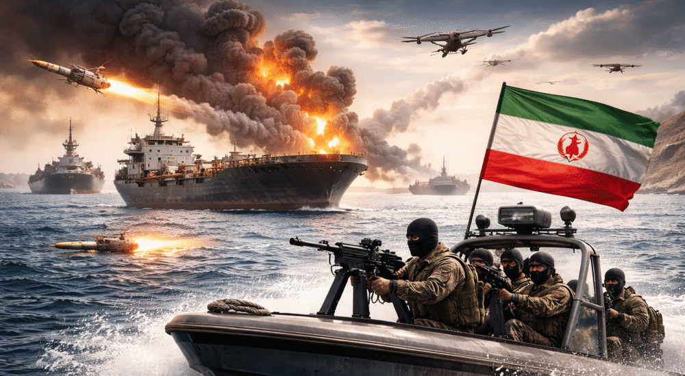 होर्मुज जलडमरूमध्य में युद्ध तनाव को दर्शाता दृश्य जिसमें समुद्र में जहाज, ड्रोन और मिसाइल हमले के बीच ईरानी गश्ती नौका दिखाई दे रही है।