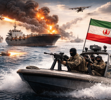 होर्मुज जलडमरूमध्य में युद्ध तनाव को दर्शाता दृश्य जिसमें समुद्र में जहाज, ड्रोन और मिसाइल हमले के बीच ईरानी गश्ती नौका दिखाई दे रही है।