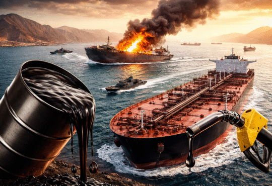होर्मुज जलडमरूमध्य में तेल टैंकर और युद्ध तनाव के बीच बढ़ती कच्चे तेल की कीमत को दर्शाती तस्वीर