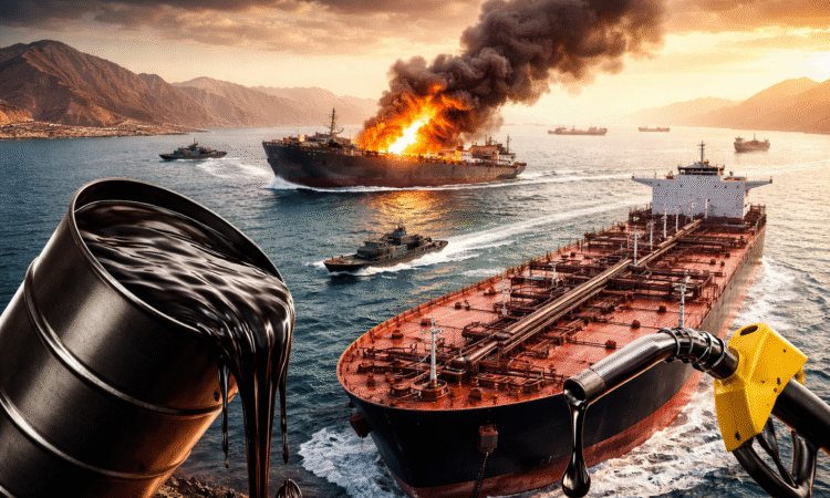 होर्मुज जलडमरूमध्य में तेल टैंकर और युद्ध तनाव के बीच बढ़ती कच्चे तेल की कीमत को दर्शाती तस्वीर