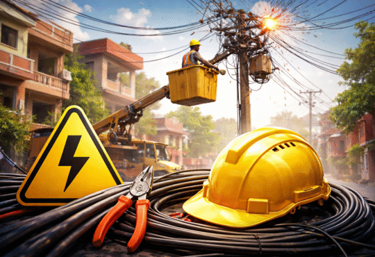 रांची के रिहायशी इलाके में बिजली के खंभे पर काम करता बिजली कर्मचारी, तार बदलने के दौरान बिजली कटौती का दृश्य