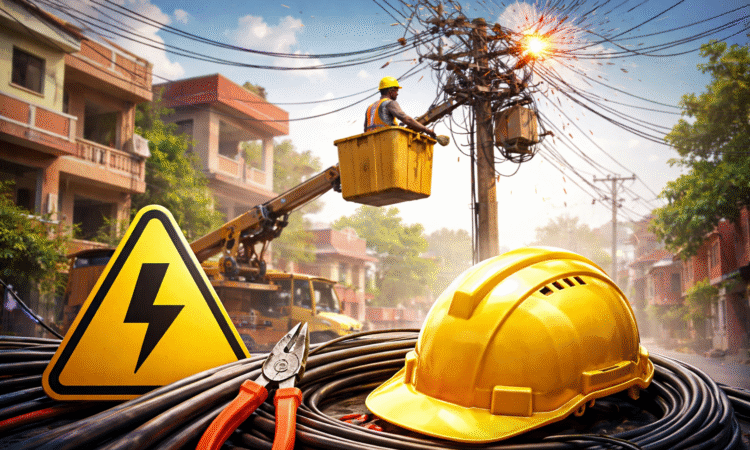 रांची के रिहायशी इलाके में बिजली के खंभे पर काम करता बिजली कर्मचारी, तार बदलने के दौरान बिजली कटौती का दृश्य