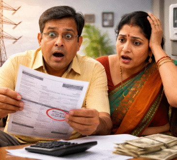 बढ़े हुए बिजली बिल को देखकर चिंतित भारतीय दंपति, बिजली दर बढ़ोतरी का प्रतीकात्मक चित्र.