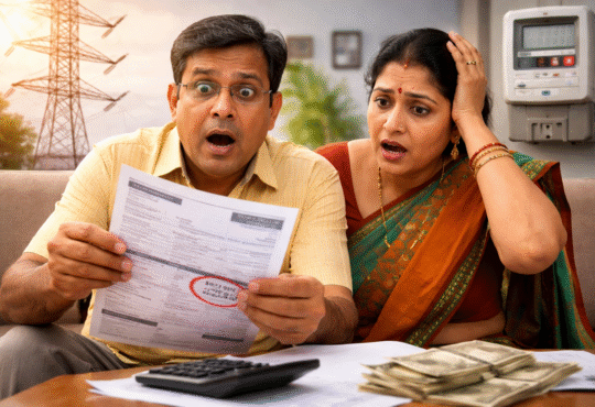 बढ़े हुए बिजली बिल को देखकर चिंतित भारतीय दंपति, बिजली दर बढ़ोतरी का प्रतीकात्मक चित्र.