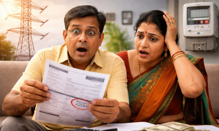बढ़े हुए बिजली बिल को देखकर चिंतित भारतीय दंपति, बिजली दर बढ़ोतरी का प्रतीकात्मक चित्र.