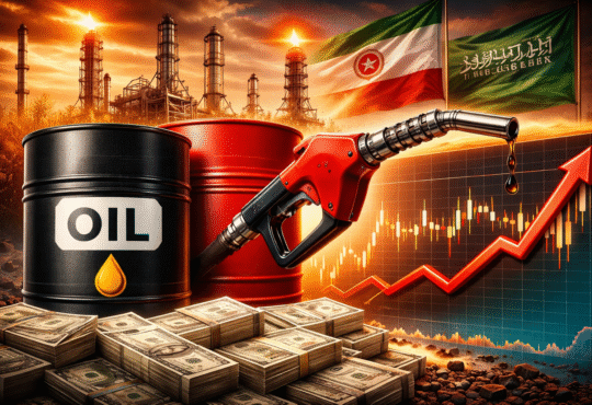 तेल की कीमतों में बढ़ोतरी को दर्शाता ग्राफ, ऑयल बैरल, डॉलर और मिडिल ईस्ट तनाव का प्रतीकात्मक दृश्य