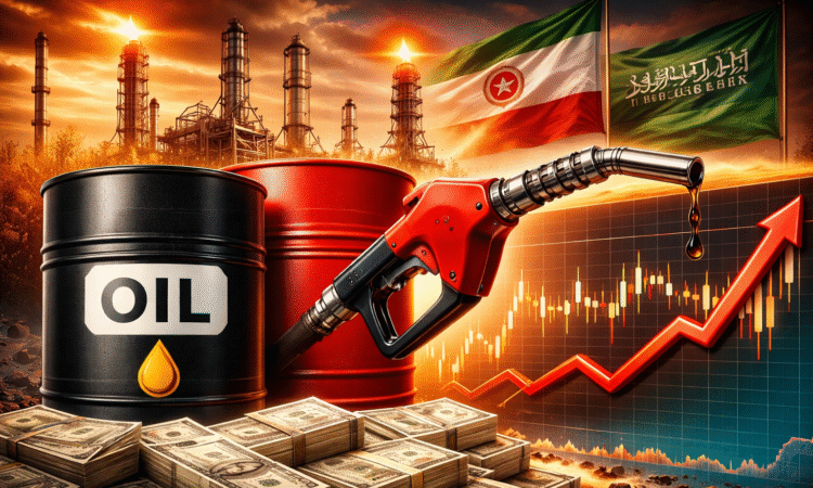 तेल की कीमतों में बढ़ोतरी को दर्शाता ग्राफ, ऑयल बैरल, डॉलर और मिडिल ईस्ट तनाव का प्रतीकात्मक दृश्य