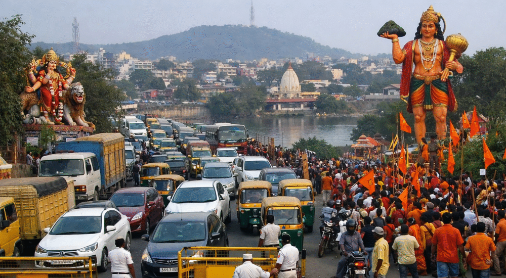 रांची में रामनवमी के दौरान ट्रैफिक जाम, पुलिस बैरिकेडिंग और शोभा यात्रा का दृश्य