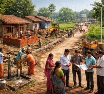 “झारखंड के ग्रामीण क्षेत्र में पंचायत विकास कार्य का प्रतीकात्मक दृश्य, गांव में सड़क, पानी और निर्माण कार्य होते हुए”